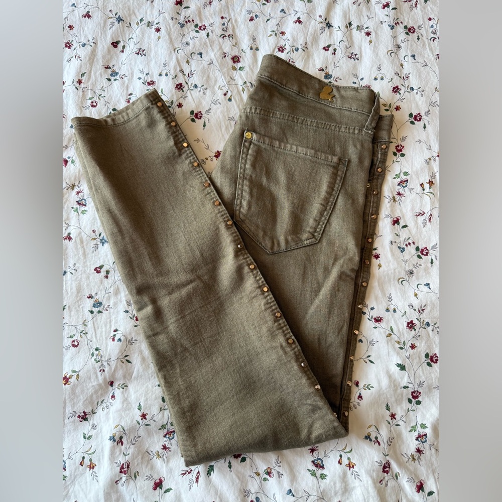 H&M Olive green low-rise Skinny Jeans with gold studs on sides,